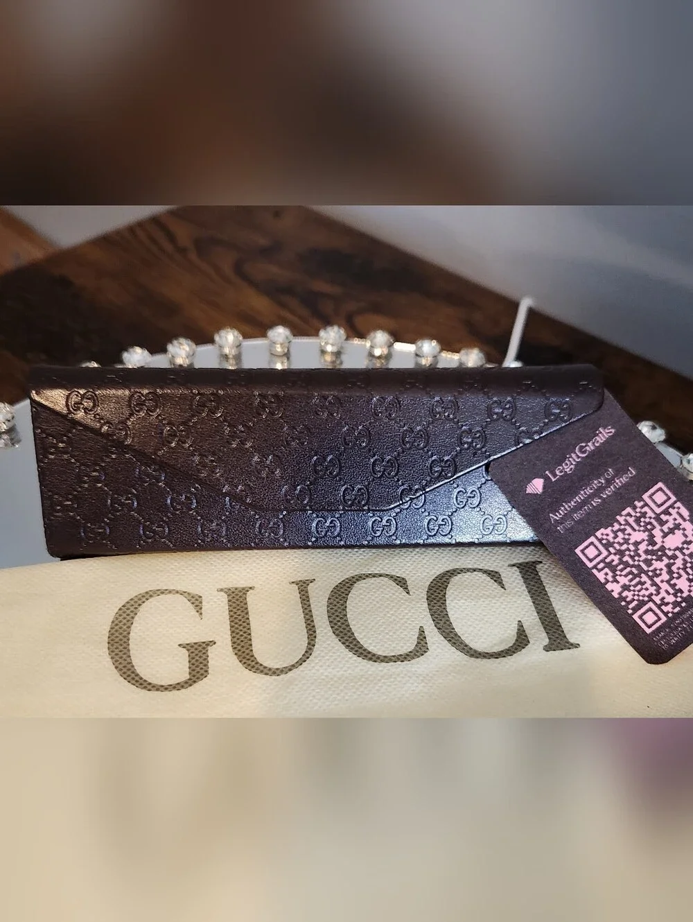 Gucci Brown Monogram Eyeglass Case with Dark Brown Frames. EUC With COA